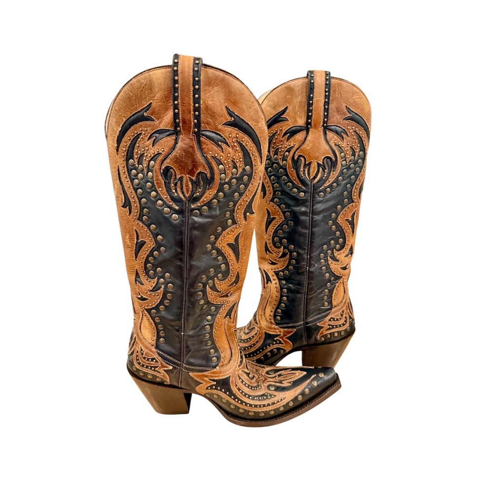 Corral Womens‎ Studded Leather Western Cowboy Boots Black Tan Snip Toe Tall 8M